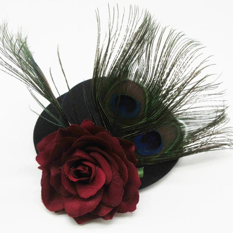 Ретро женский черный готический Mini Top Hat Викторианской стимпанк Hairclip Павлин Роза