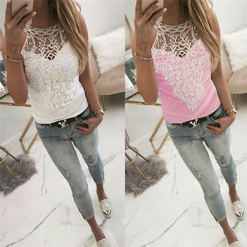 Sexy Women Lace Floral Fashion Summer Shirts Tops Sleeveless Ladies Round Neck Bandage Summer Sexy Street Wear