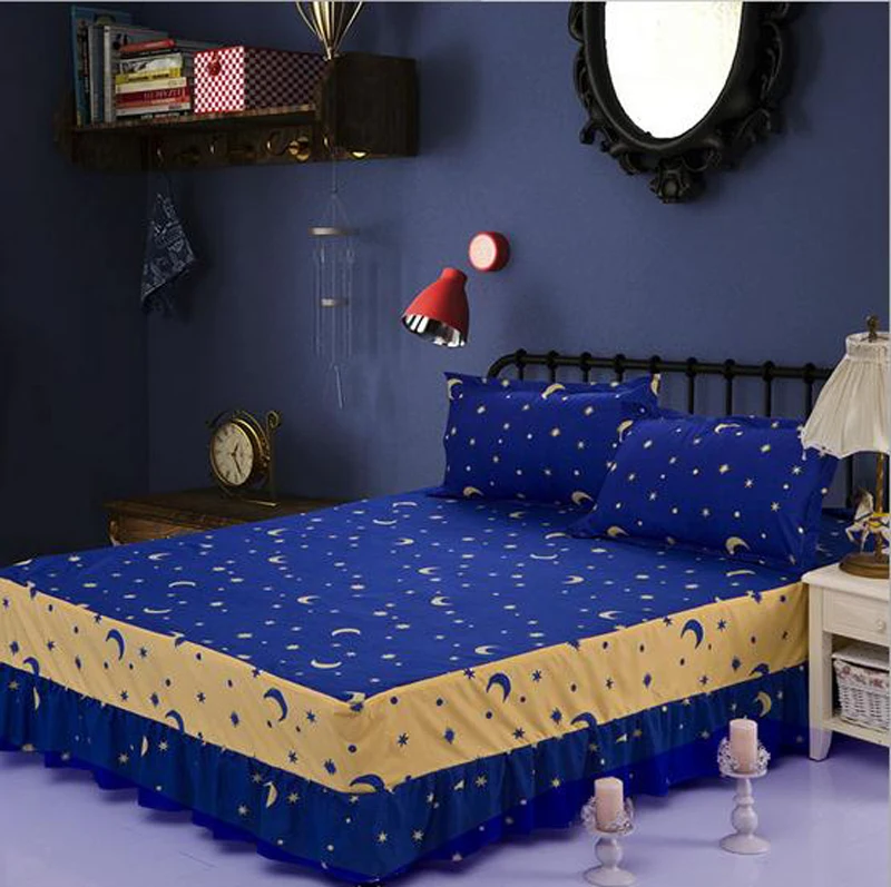 Dark blue star bed skirt with Elastic bandage bedspread bedclothes for all bed size twin full