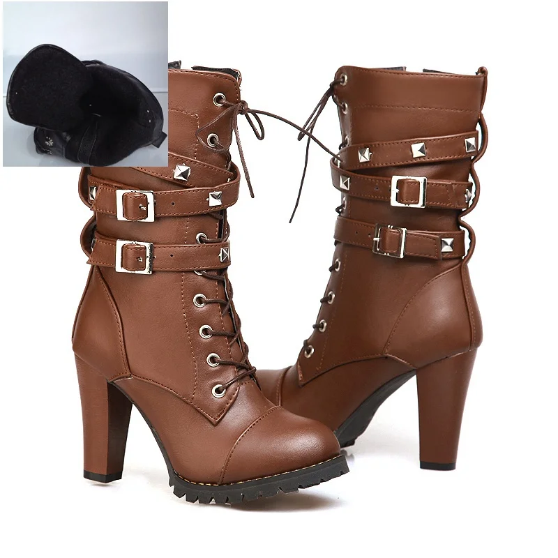 REAVE CAT/женские ботинки до середины икры кожаные высокие сапоги на высоком толстом каблуке, на платформе, с пряжкой, на молнии, с заклепками, на шнуровке женская обувь, размер 43, QA3646 - Цвет: Brown short fur