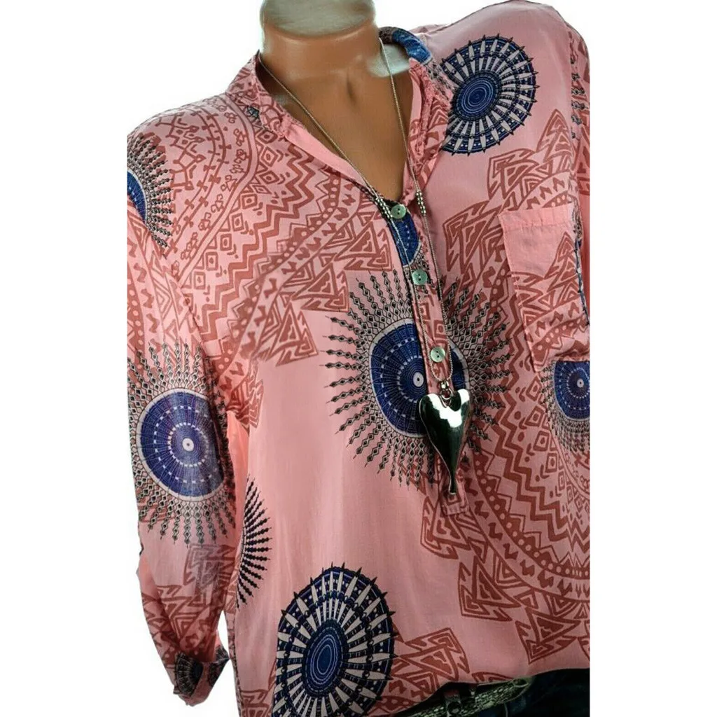 Blouse et Chemisier Femme Women Ladies Plus Size Print Button Long Sleeve V-neck Pullover Tops Shirt Blouse and Top Women
