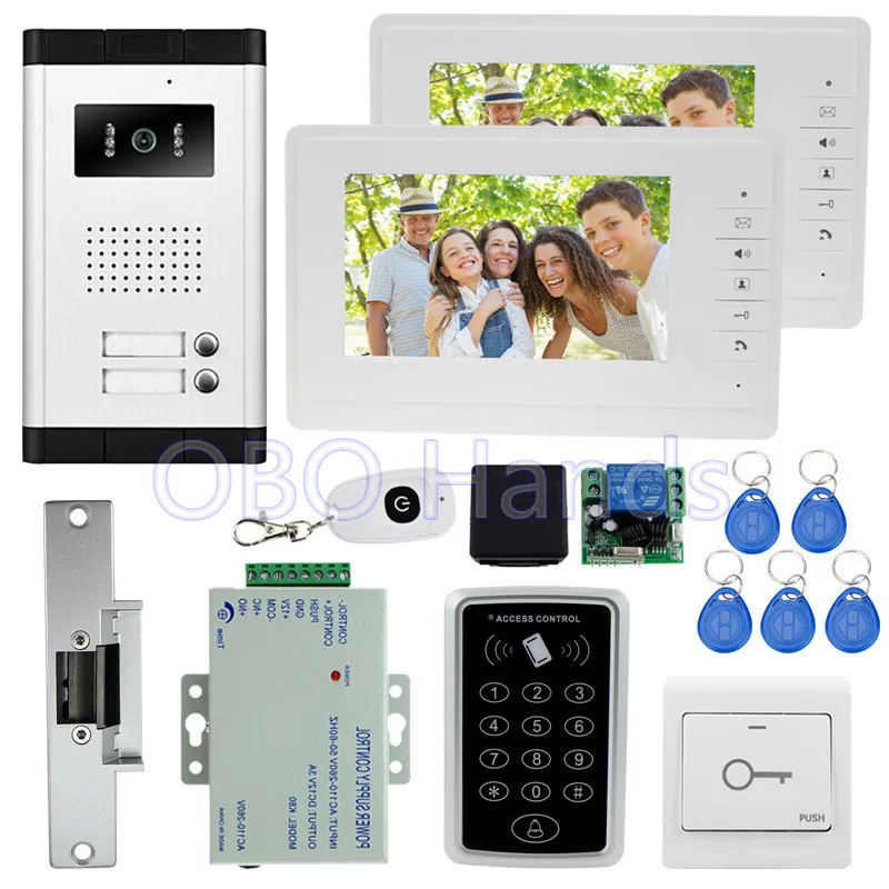 cheap 7 #039; #039; wired video door phone kit set with IR camera+RFID access control keypad+keys+2 monitors+EM lock for intercom system on sale