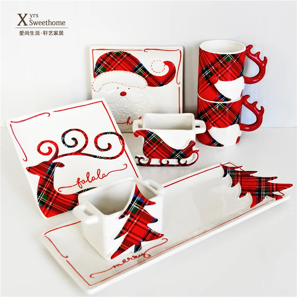 

Happy Christmas Dinnerware Set Creative Reindeer Breakfast Milk Cup Home Dining Ceramic Dish Christmas Tree Fish Plate