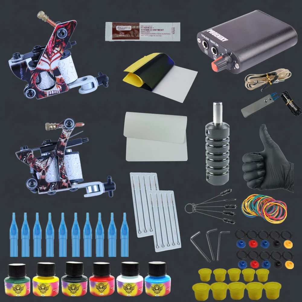 Hot Sale Professional Complete Tattoo Kit Two 8 Wrap Coils Tattoo Machine Guns Pigment Induction Tattoo
