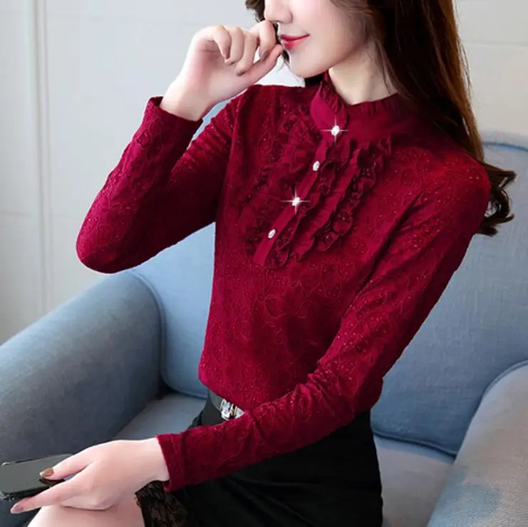 

Winter Women elegant Fashion Ruffles Lace blouse plus size Long Sleeve blouses Lace shirt tops camisa feminina 5XL