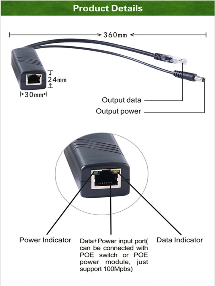 Security application 48V to 12V 1A/2A Active Isolated Standard PoE Splitter IEEE802.3af/at 12v 10/100Mpbs Gigabit poe injector