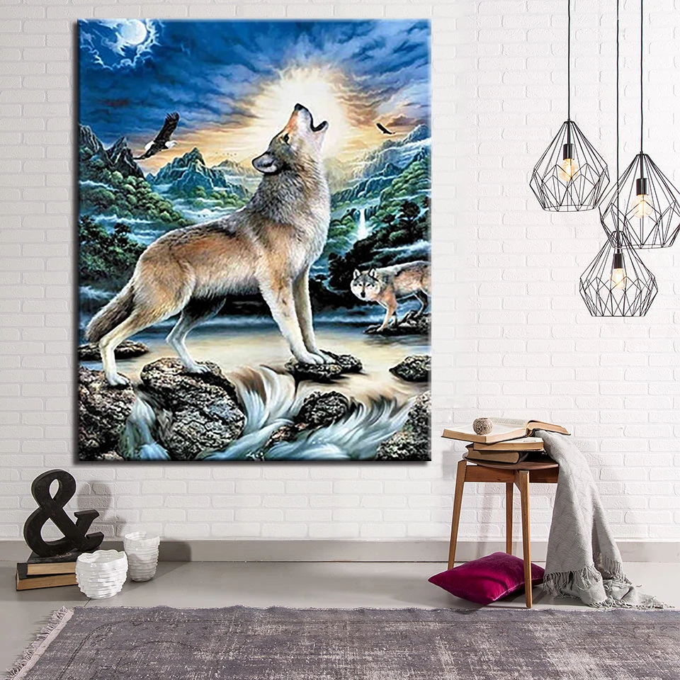 

DIY Painting By Numbers Kits Coloring Lone Wolf Howling At The Moon Oil Pictures Wall Art Hand Paint Animal On Canvas Home Decor