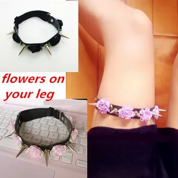 

Rivet 2014 Plus size garter belt Rcok leg ring vintage Harajuku lady Punk leather Leg Garters flowers free shipping