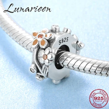 

Real 925 Sterling Silver Orange Beautiful flowers CZ Stopper spacer beads Fit Original Pandora Charm Bracelet Jewelry making