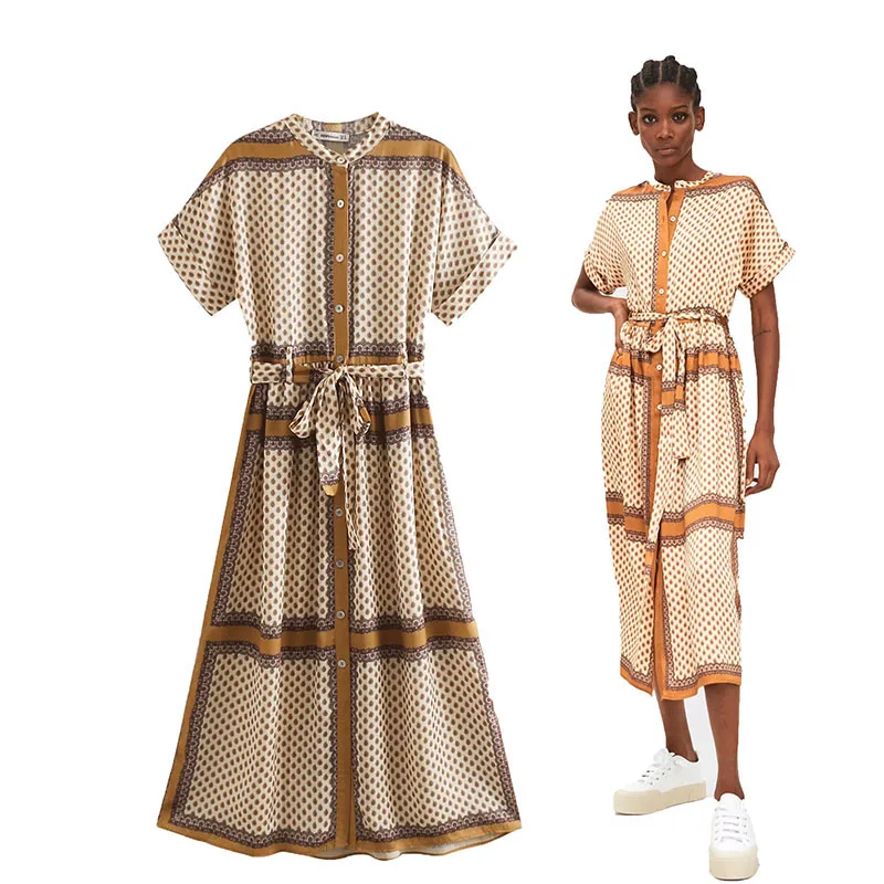 

women print Ankle length shirt dress chain pattern sashes female elegant office wear retro dress vestidos yellow long dress