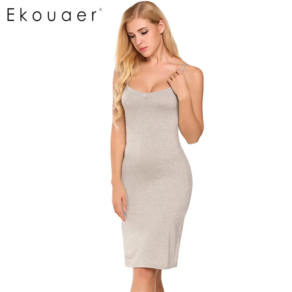 Ekouaer, женское повседневное сексуальное платье без рукавов с v-образным вырезом, однотонное домашнее приталенное прямое платье, размер S-2XL, Платья Vestidos - Цвет: Long Gray