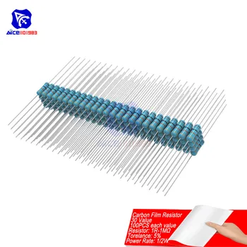 

100PCS Carbon Film Resistor 5% 1/2W 0.5W 1R-1MΩ 1R 10R 100R 220R 1K 2.2K 4.7K 10K 22K 47K 100K 470K 1MΩ Ohm Resistance