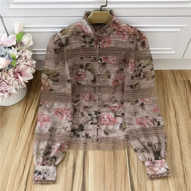 Mujeres Primavera Tops Encaje Calidad Alta Marca Volantes Impresión La Con 2019 Flor Mujer Collar Moda Blusas Vintage Camisa De q8gA0xA