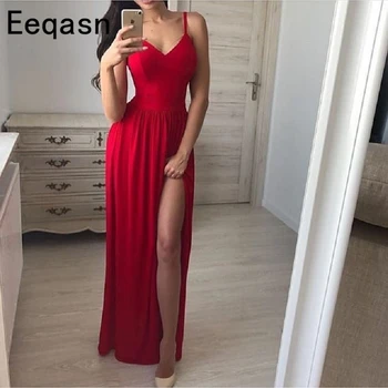 

2020 Sexy High Slit Evening Dress Long Red Spaghetti Strap V-neck Vintage Prom Dresses A-Line Evening Dresses vestidos largos
