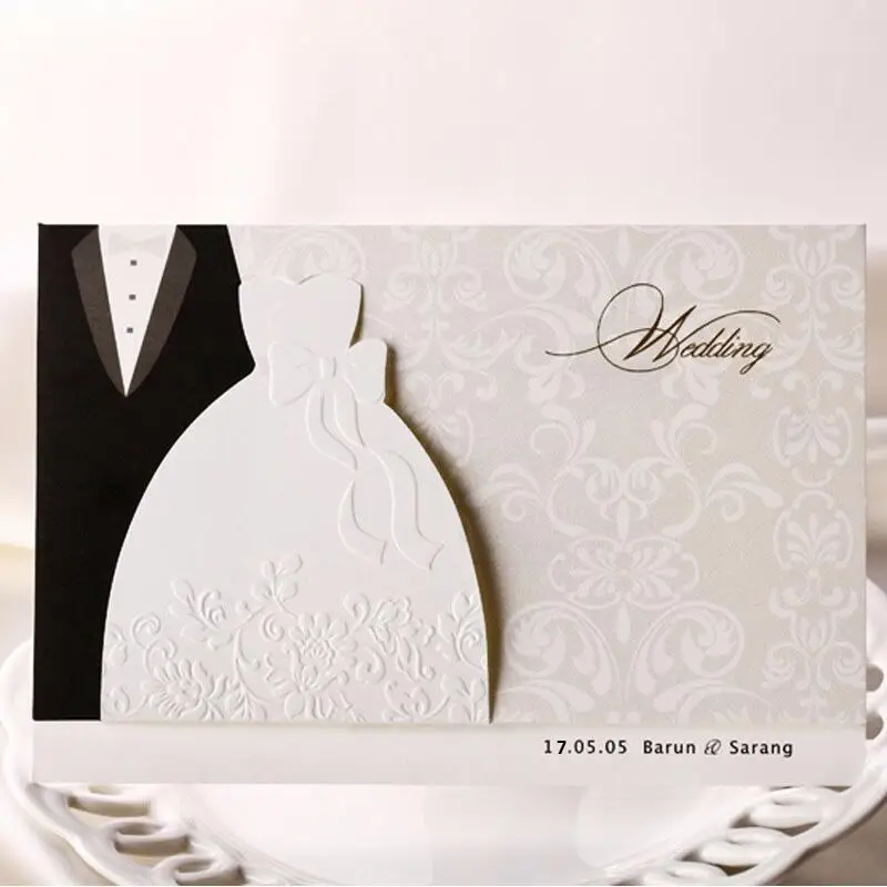 

50pcs/pack HOT Western-style Groom & Bride Clothes Customizable Printable Wedding Invitations Cards With Envelope