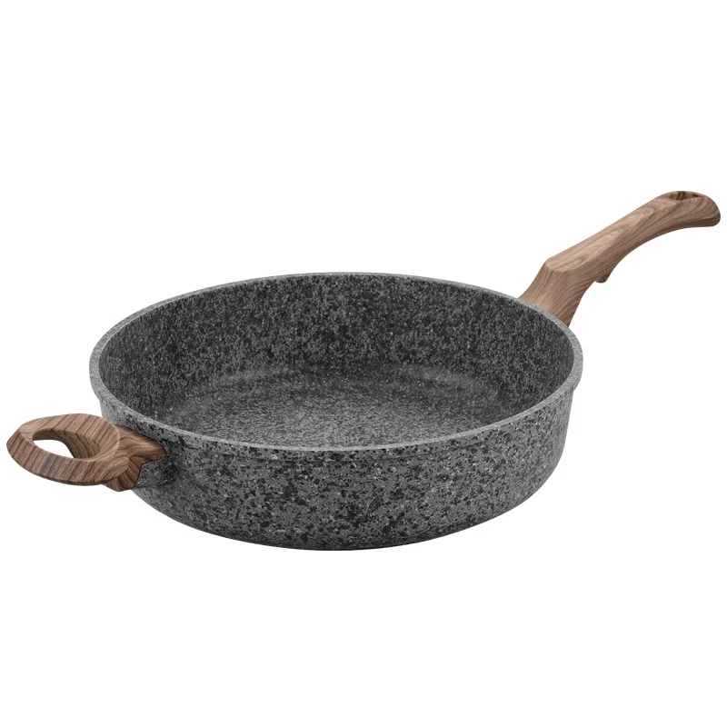 

1PCS 28CM Thicken Maifan Stone Non-stick Frying Pan Granite Cooker For Cooking Household Die-casting Pot Wood Handle Without Lid