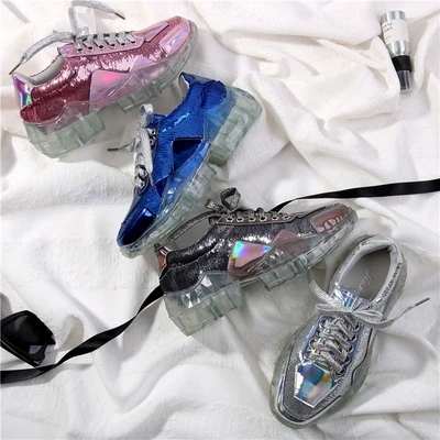 

European station 2019 spring new sequins laser old shoes female jelly bottom shiny tie casual shoes