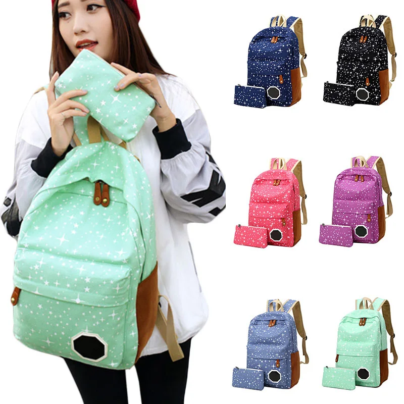 2PCS Set Women School font b Bag b font Rucksack Canvas Cute Stars Printing Backpack For