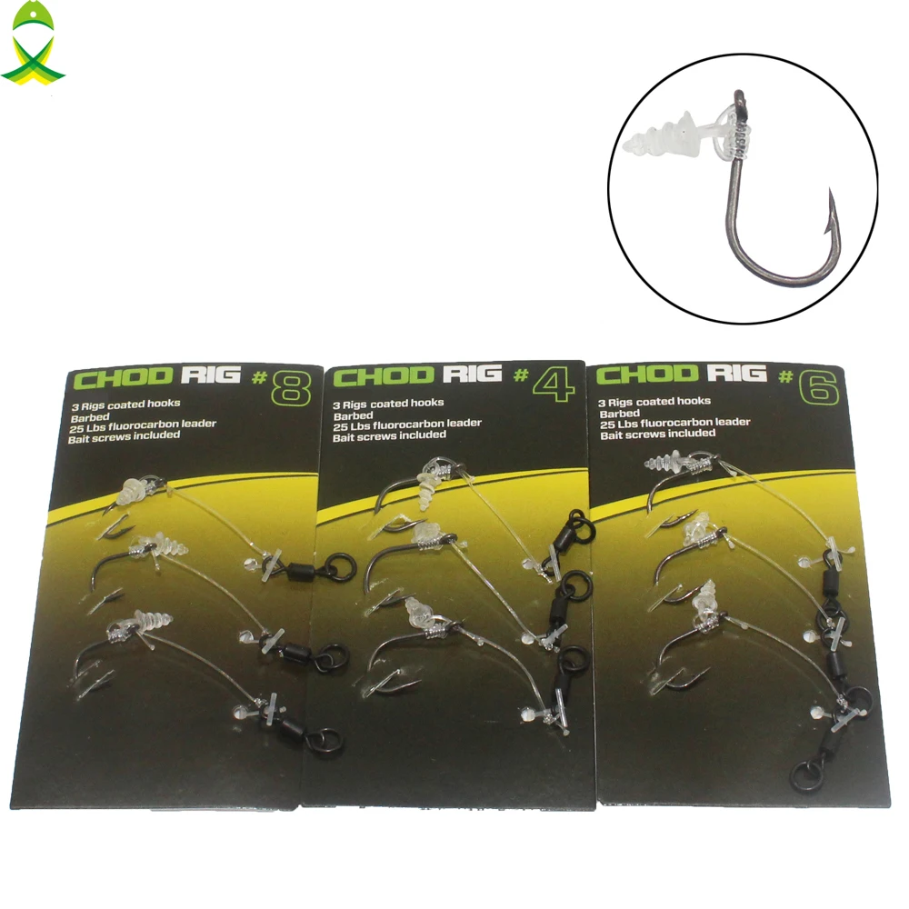 

JSM 3pcs=1pack Carp bait 25LB fluorocarbon line leader with black rolling swivels carp hooks size 4# 6# 8# carp rigs tackle