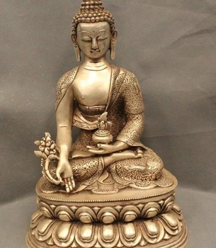 

zm 14"Tibet Buddhism Folk Silver Dragon Shakyamuni Amitabha Buddha Bowl Statue