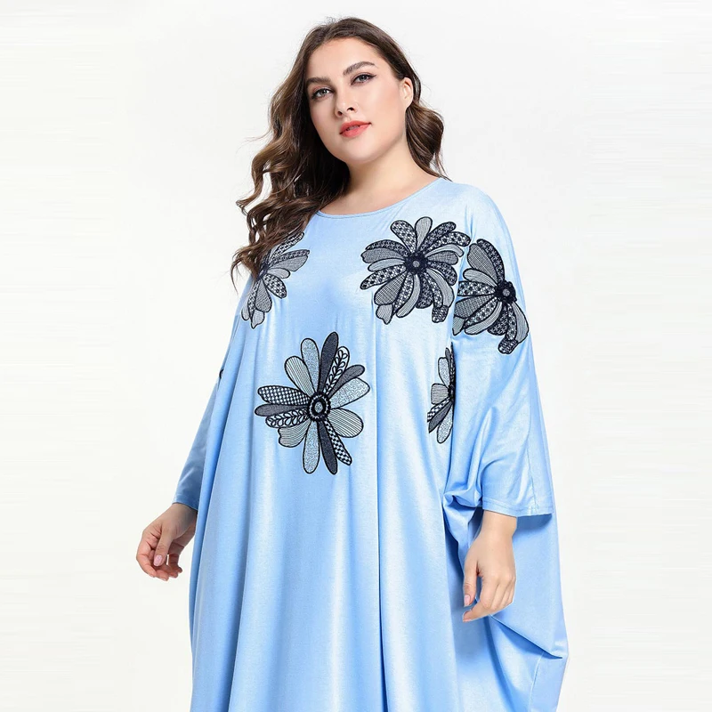 Plus Size Quality New Arab Loose Abaya Kaftan Islamic Fashion Muslim Dress Embroidery Design Women light blue Dubai Abaya