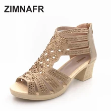 ZIMNAFR MARQUE 2017 d’été femmes sandales en cuir poisson bouche sandales vachette diamant creux à talons hauts femmes GLADIATEUR SANDALES