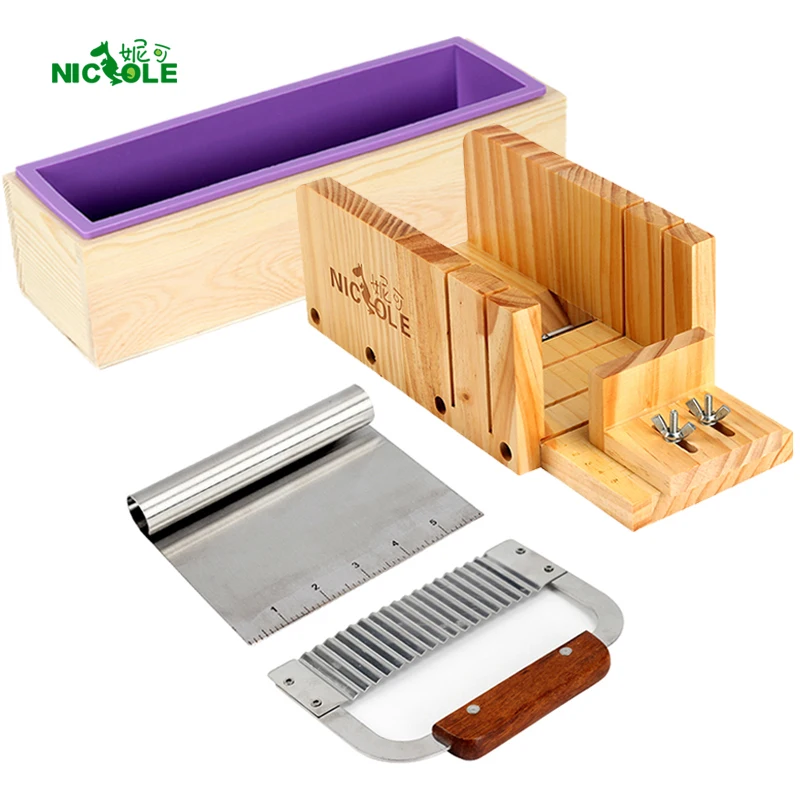 Nicole silikonski hlebček milna garnitura-4 lesena škatla za rezanje z rezilom iz nerjavečega jekla 2 kosa za ročno izdelana orodja za izdelavo mila