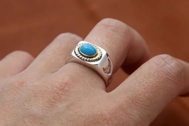 Real Pure 925 Sterling Silver Ring Men Blue Natural Stone Vintage Indian Style Cool Thick Band Mens Jewelry Free Box, 15g