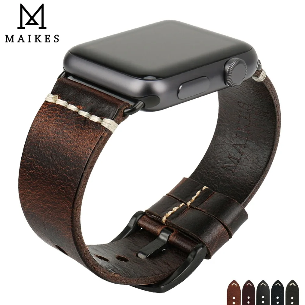 Baratos MAIKES Watch accesorios pulseras correa de cuero genuino para Apple Watch Correa 44mm 40mm iWatch bandas 42mm 38mm correa de reloj