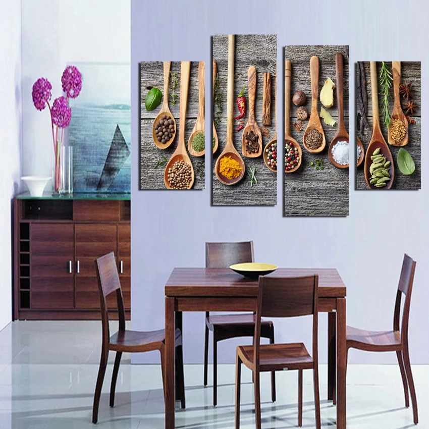 4 панели ложка зерно специи холст картина украшение кухни домашний декор