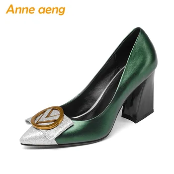 

New Genuine Leather Women Pumps High Heels Pigskin Insole Pointed Toe Shallow Office Sexy Bridal Wedding Women Shoes Green Pumps
