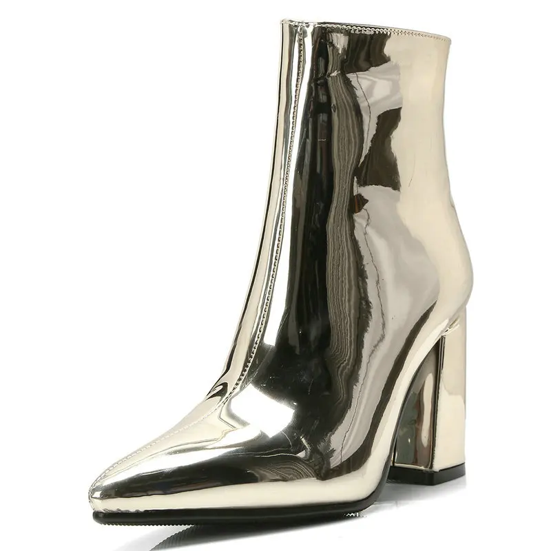 

Silver Gold Black Pointed Toe Ankle Boots for Women Patent Leather Thick Heel Boots Ladies Party Winter Boots Women Short Boots