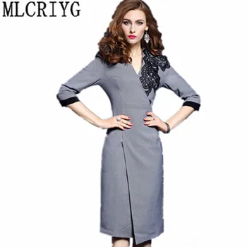 

2019 Elegant Work Business Bodycon Office Dress Women V-neck Women's Dresses Embroidery Spring Dress Female Plus Size 4xl YQ067