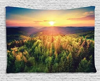 

Nature Landscape Decor Collection Aerial of Scenic Sunset over Forest Hills with Dramatic Colors in Horizon Print Home Tapestry