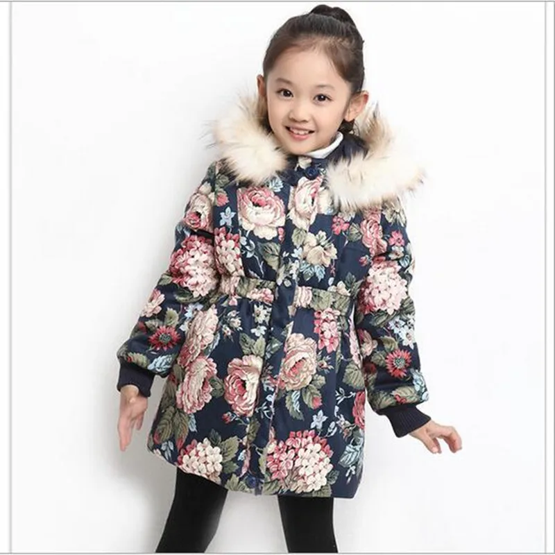 Г. Розничная, модное зимнее пальто с цветочным принтом для девочек теплая куртка на хлопковой подкладке с меховым воротником и поясом детская верхняя одежда