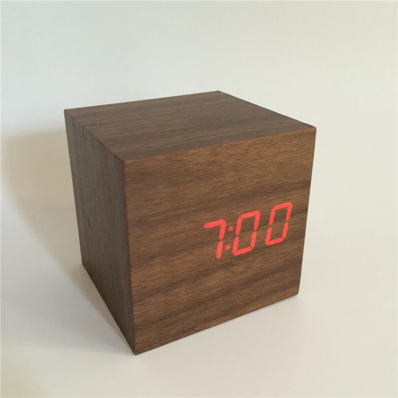 Лидер продаж! Мини звуковой контроль Деревянный Будильник часы, светодиодный дисплей с термометром и календарем, цифровые кубические часы SKU-NOABEQ - Цвет: brown-clock-red