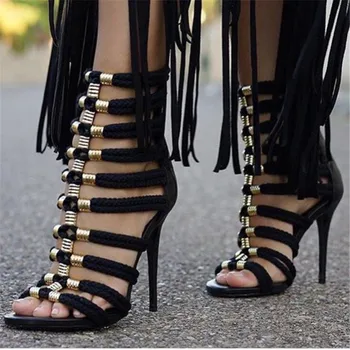 

Hot Sale Black and Gold Strappy Sandals Open Toe Stiletto Heels for Sexy Ladies Gladiator Strip Sandals High Heels Shoes Women