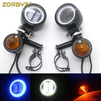 

ZORBYZ Universal Motorcycle Turn Signal Driving Spot Fog Light Fork Bar With Blue Angel Eyes For Harley Kawasaki Triumph