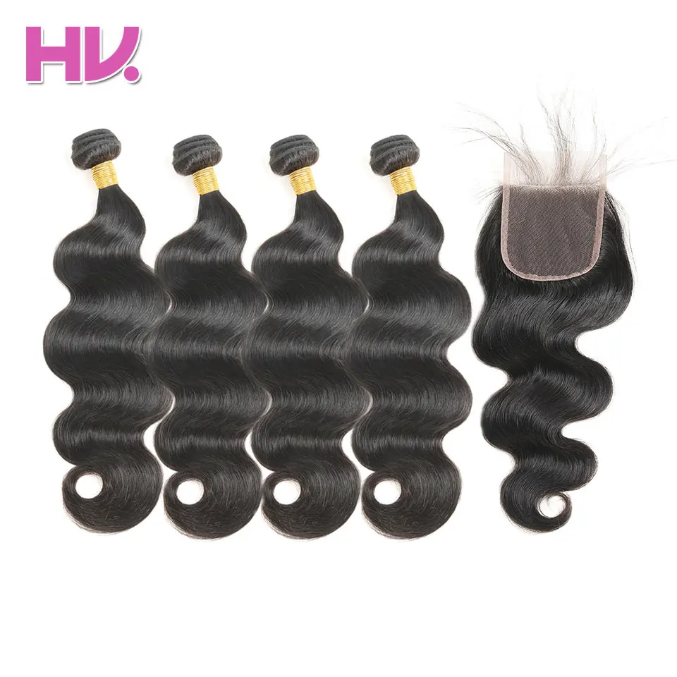 Hair Villa Pre-Colored Brazilian Hair Body Wave 4 Bundles With Closure #1B Natural Black Non-Remy Human Hair 4*4 Lace Closure brazilian-body-wave-hair-bundles-with-closure