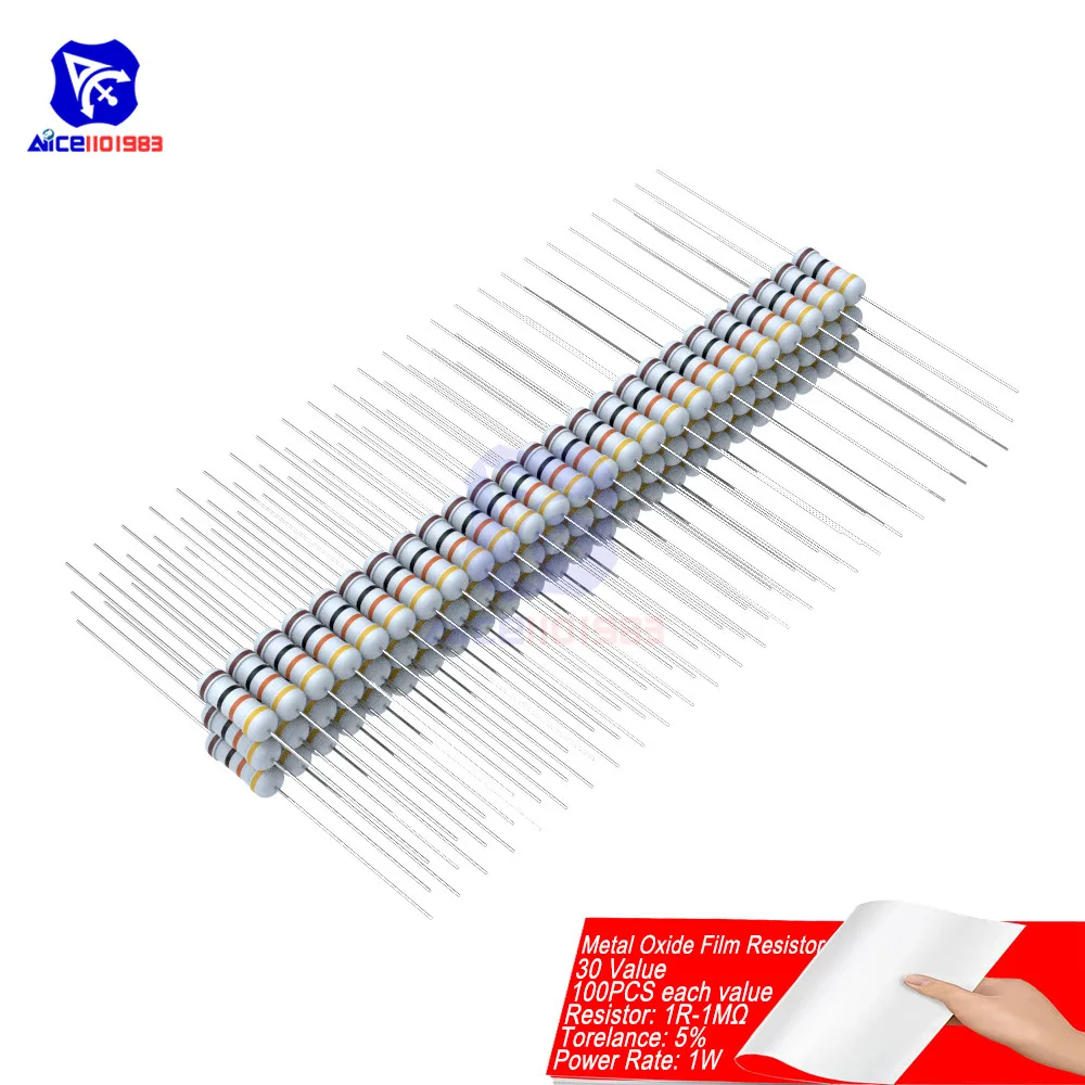 

100PCS Metal Oxide Film Resistor 5% 1W 1R-1MΩ 1R 4.7R 10R 100R 220R 1K 2.2K 4.7K 6.8K 10K 22K 47K 100K 470K 1MΩ Ohm Resistance