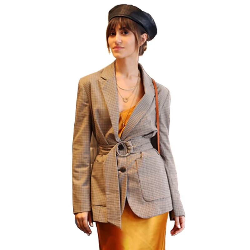 

AEL Plaid Casual Lady's Suit Single Breasted Waist Belt Close Slim Elegance Woman Coat 2018 Autumn Fashion Warm Jacket