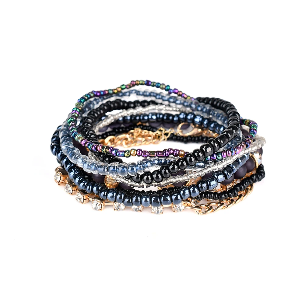 Romatic Multilayer Shining Pearl Beads Elastic Bracelet Bangle with Leaf Pendant Fashion Jewelry
