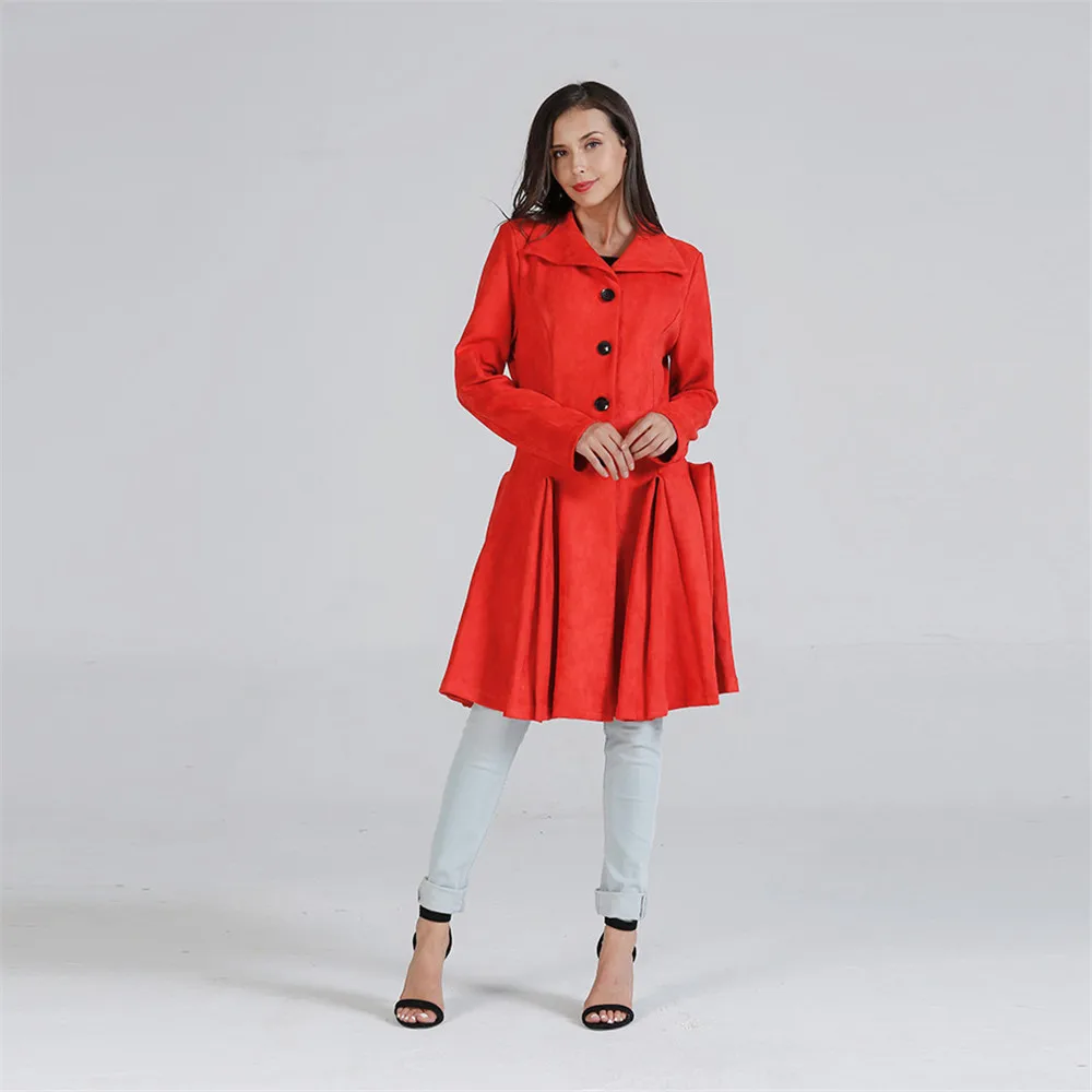 Winter Thick Red Coat For Women Single Breasted Large Swing Coat Long Slim Casual Button Wool Coat Outerwear Skirt Style Coats (3)