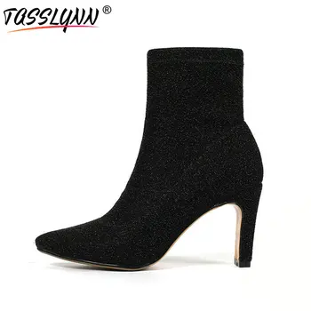 

TASSLYNN 2019 Sexy Bling Party Boots Women Autumn Shoes Sequines Cloth Dancing Ankle Boots Ladies Thin High Heels Shoes Size 40