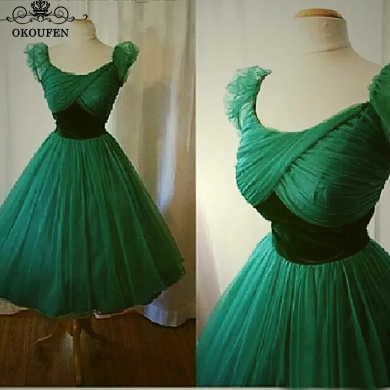 1950s винтажный, до середины икры Платья для подружки невесты с рукавами Бишопа Зеленый Тюль Бархат Талия линия платье на выпускной для женщин