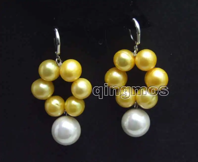 

Big 10-11mm Yellow Natural Freshwater Pearl and 14mm White Sea Shell pearl leverback Earring-ear636 wholesale/retail Free ship