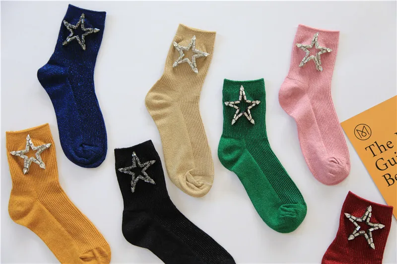 Мода Осень Зима Блеск Носки для женщин девочек Стразы носки с дизайном «звёзды» Harajuku хлопок носки сплошной цвет дамы Sox