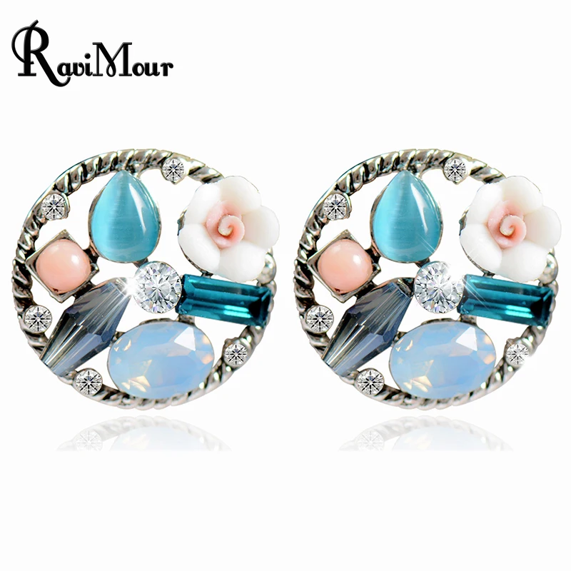 

RAVIMOUR Boucle d'oreille Vintage Flower Round Stud Earrings For Women Fashion Blue Opal Brincos Pendientes Mujer Jewelry