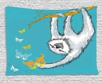

Sloth Tapestry Sketchy Sloth with Decorative Butterflies Ornate Branch Nature Inspired, Wall Hanging for Bedroom