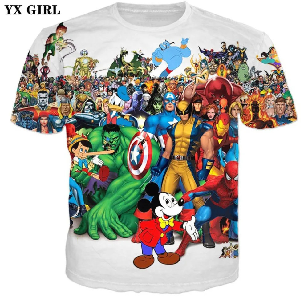 

YX GIRL 2018 New Fashion summer Mens 3D t shirt Funny Superhero Minimalism T-Shirt Deadpool/Superman/Spider-Man/Batman/Hulk tees